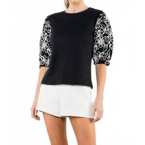 NEW THML embroidered puff sleeve top in black/white